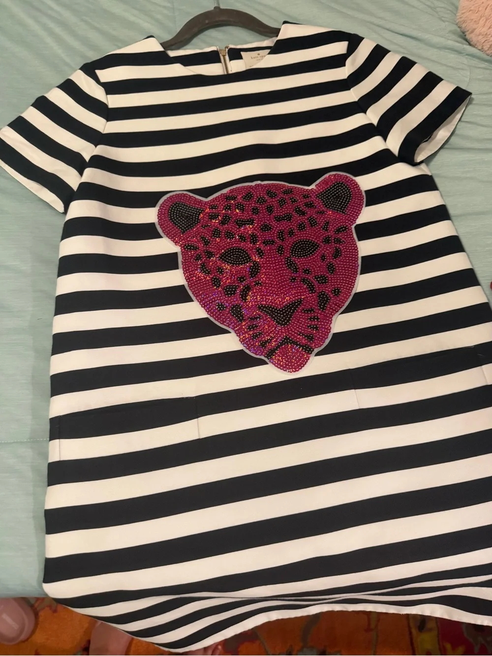 kate spade Black & White Striped Mini Dress with Pink Leopard Motif